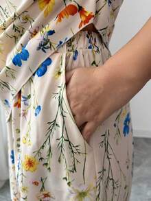 Elenzga Bộ đồ nữ thanh lịch, thoải mái gồm áo không tay dáng ôm họa tiết hoa nhí xếp ly bất đối xứng và quần ống rộng dáng ôm hai túi, thích hợp cho mùa xuân/hè. - Nhiều màu - Xem 8