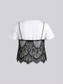 SHEIN Tall CURVE 大码女式圆领二合一蕾丝拼接休闲百搭日常T恤 - 黑與白 - 查看 2