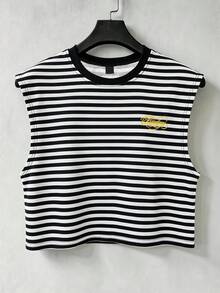 PAVTROS Men's Striped Letter Print Crew Neck Casual Tank Top - Black and White - View 4