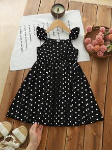 SHEIN Young Girl Woven Polka Dot Square Neck Ruffle Hem Casual Dress - Black - View 7