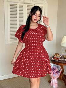 FleurLily Plus Size Elegant Raglan Waist Polka Dot Dress - Red - View 5