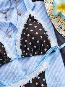 Swim Mod 2pcs Women's Polka Dot Lace Trim Halter Backless Cute Sweet Bikini Set - Multicolor - View 4
