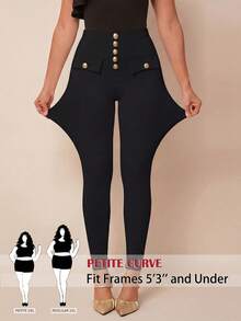 SHEIN PETITE CURVE 大码女式纯色弹力腰休闲打底裤，黑色金属纽扣，适合娇小身材，乡村音乐节风格 - 黑色 - 查看 1