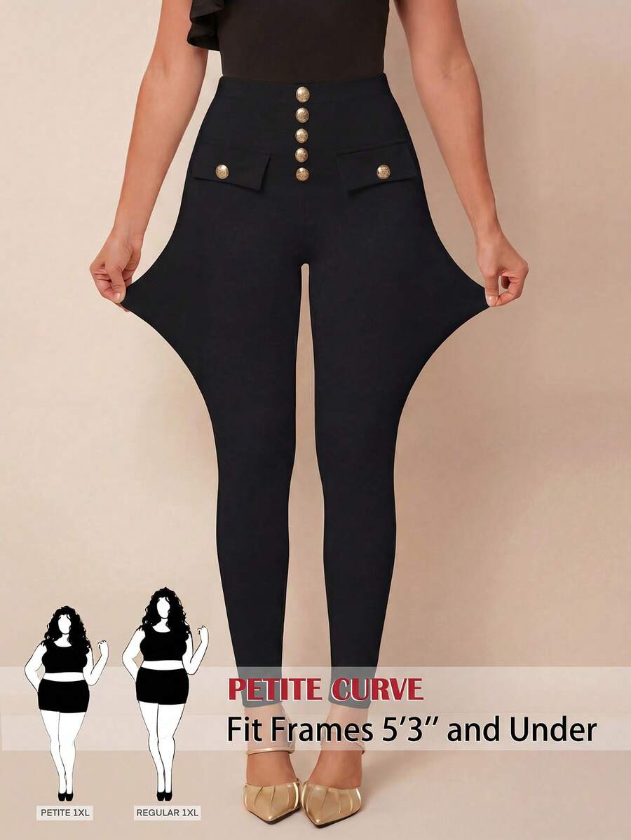 SHEIN PETITE CURVE 大码女式纯色弹力腰休闲打底裤,黑色金属纽扣,适合娇小身材,乡村音乐节风格 - 黑色 - 查看 1