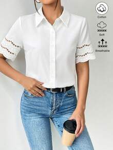 Elenzga Women's Collared Short Sleeve Fitted Waist Elegant White Summer Blouse,Minimalist Office Shirt For Commute, Date,Beach Outfit,Casual Tops - White - View 5