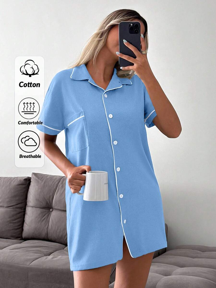 Women Button Front With Contrast Colour Detail Homewear Lounge Pajama Dress - Baby Blue - View 1