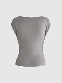 ROMWE Summer Outfits Romantic Hollow-Out Snap Button Design Square Neck Bodycon Knit Top - Grey - View 2