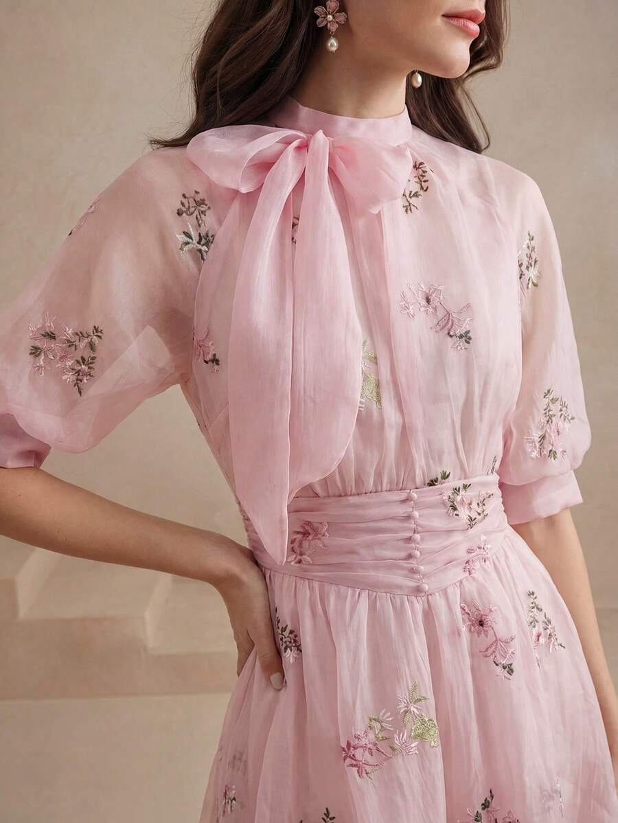 Anewsta Elegant French Style Sweet Bow Tie Waist Niche Design Dress For Women - Pink - View 1