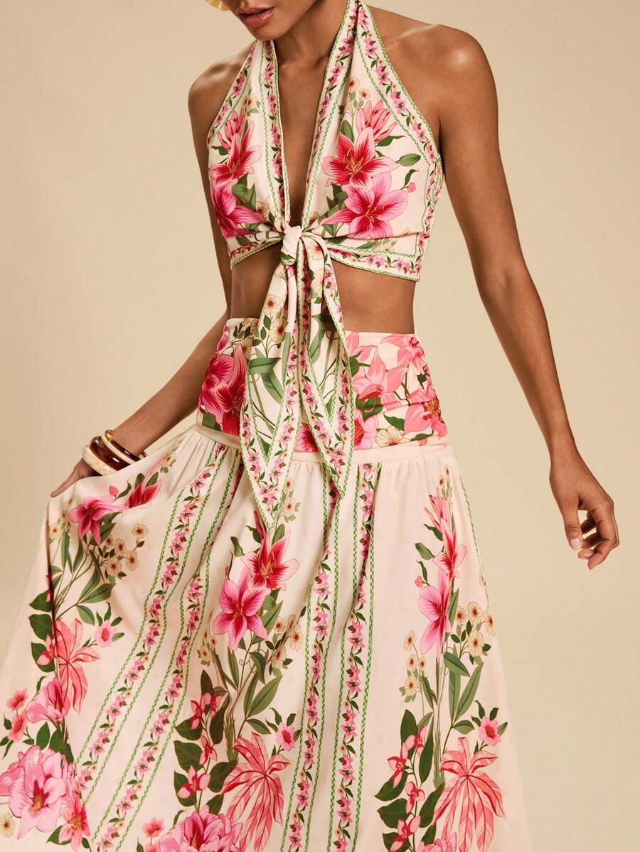 Travachic Women's Floral Print Halter Top And Mini Skirt Elegant Fashion 2-Piece Set Summer Holiday Outfits Office Outfits For Women - Pink - View 1