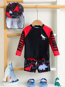 SHEIN Bubblio Set de 3 piezas de traje de baño para bebé niño con bloques de color, estampado de dinosaurio neón, camiseta de protección solar y sombrero, adecuado para vacaciones, playa y natación - Rojo - Ver 4