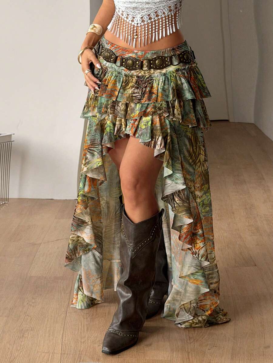 Coolane Váy xếp ly lưới màu trắng dáng bất đối xứng, phong cách hippie boho miền Tây dành cho nữ, thích hợp cho lễ hội âm nhạc mùa hè, phong cách Y2K Fairycore. - xanh quân đội - Xem 1