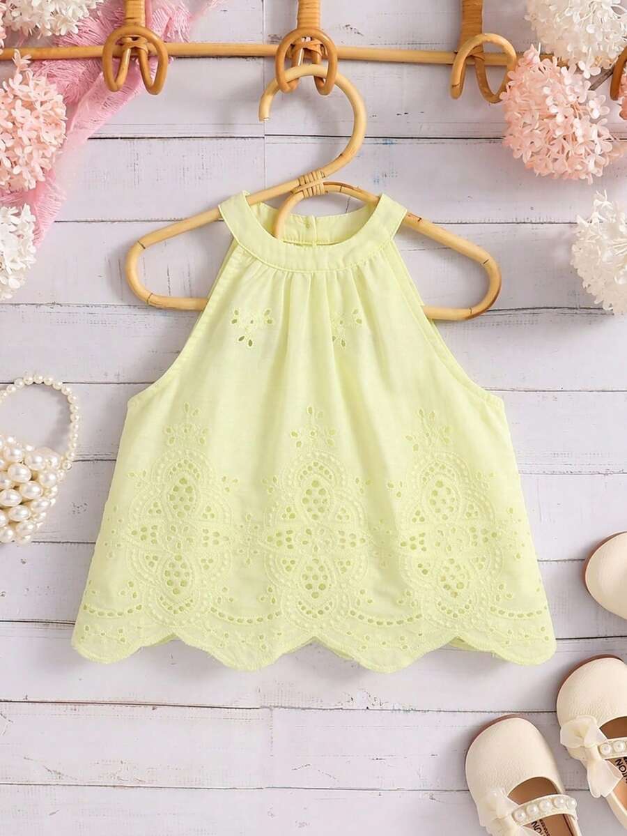 SHEIN 女童纯色圆领无袖修身休闲背心 - 芥末黃 - 查看 1