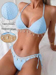 Swim Vcay Springbreak Solid Color Textured Fabric Shell Strap Decor Halter Bikini Top And Tie-Side Triangle Bikini Bottom, Summer Beach Party Swimwear Set For Women - Blue - View 3