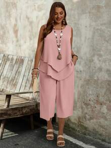 EMERY ROSE Damen Große Größen Einfaches Fuchsiarotes Ärmelloses Top und Sieben-Viertel-Hose 2-teiliges Set Urlaubsoutfits Boho Lässig Elegant Anständig Sommer Formell - Altrosa - Übersicht 3