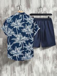 Manfinity RSRT Men's Summer Vacation Coconut Tree Print Button-Front Shirt And Shorts 2 Pieces Set, Holiday - Multicolor - View 2
