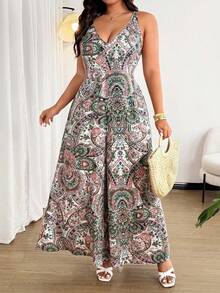 Ceyna Plus Size V-Neck Printed Sleeveless Wide Leg Jumpsuit With Invisible Zipper At Back - Multicolor - View 6
