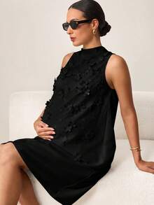 MaterniWear Pregnant Women Solid Color 3D Floral Decor Elegant Sleeveless Dress - Black - View 8