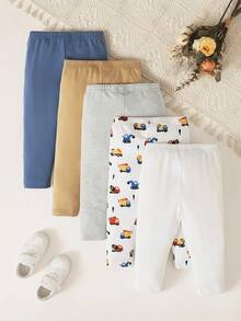 SHEIN Playful Pals Bộ 5 chiếc quần dài kẻ sọc và in hình ngôi sao cho bé trai (unisex), giảm giá. - Nhiều màu - Xem 3