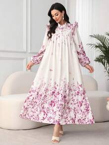SHEIN Najma 褶皱花卉图案优雅连衣裙配头巾 - 粉色 - 查看 6