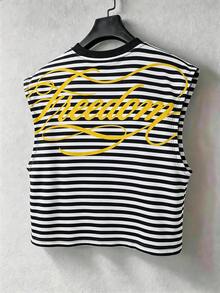 PAVTROS Men's Striped Letter Print Crew Neck Casual Tank Top - Black and White - View 3
