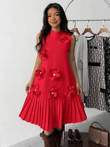 Đầm thanh lịch cho thiếu nữ, cổ tàu, họa tiết hoa, gấu váy xếp ly, dáng chữ A. - Đỏ - Xem 6