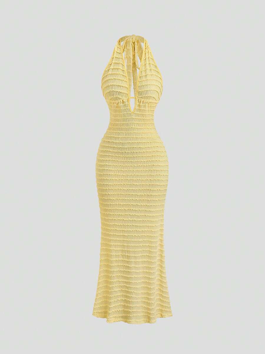 Sweetra Đầm đuôi cá màu vàng dệt kim jacquard, cổ chữ V sâu, hở lưng, kiểu yếm, thắt eo, thanh lịch, gợi cảm, thích hợp cho các bữa tiệc, ngọt ngào, dễ thương, lãng mạn, đa năng, phù hợp cho kỳ nghỉ hè, đi biển. - Màu vàng - Xem 1