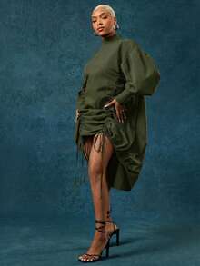 Vixey Drawstring Mock Neck Adjustable Drawstring Long Sleeve Dress - Army Green - View 3