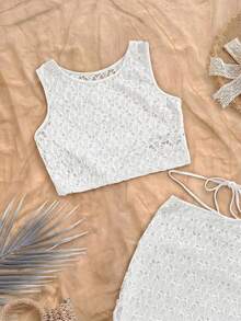 Soleia Bộ áo vest và chân váy xẻ tà dệt kim móc WYWH dành cho nữ, phù hợp cho các lễ hội âm nhạc và phong cách bohemian. - trắng - Xem 5