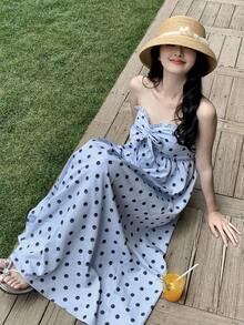 DAZY 女士休闲荷叶边波点无袖修身连衣裙 - 灰藍色 - 查看 6
