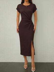 SHEIN Tall Marrón oscuro,Verano,Elegante,Vestido midi sin mangas con abertura alta y cintura retorcida elegante para citas,Atuendo casual texturizado ajustado para mujer invitada a boda y oficina,Mujeres altas - Marrón - Ver 3