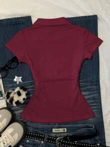 SHEIN Women's Casual Printed Lapel Waist Short Sleeve T-Shirt - Burgundy - View 2