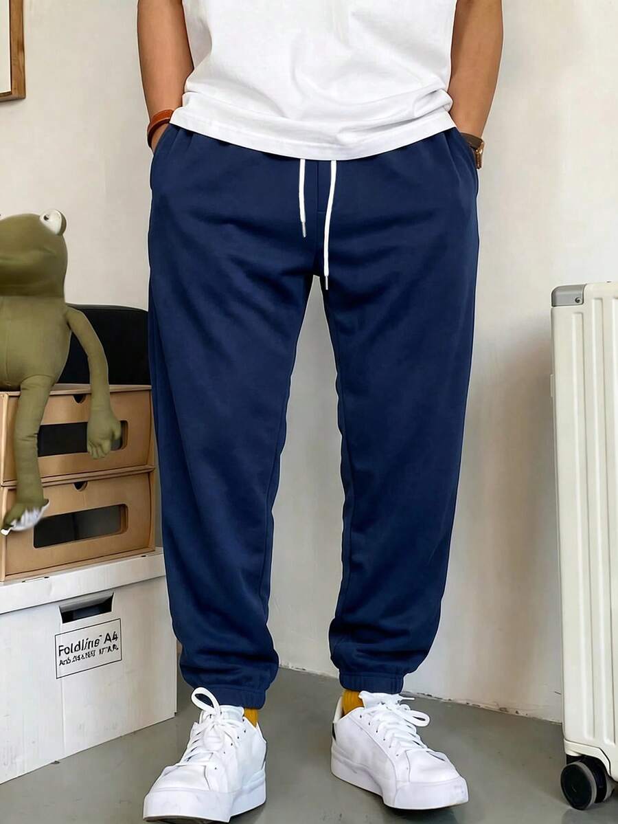 Manfinity Homme Men's Fashionable Versatile Drawstring Waist Pocket Sweatpants, Casual Wear - Navy Blue - View 1