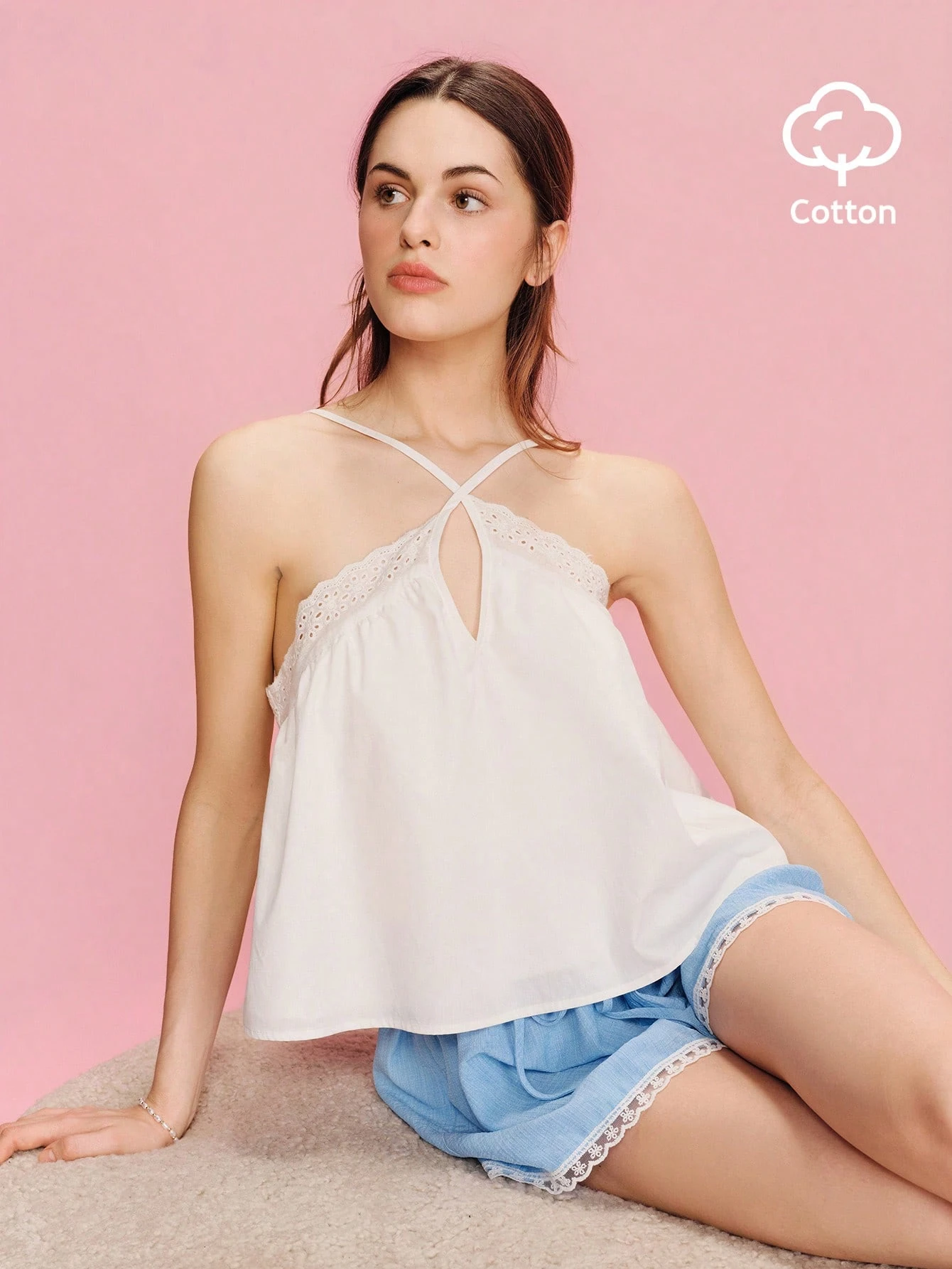 White Broidery Anglaise Summer Loose Fit Halter Neck Cami Top Boho Spring Summer French Style White Cotton Top Casual Holiday Top