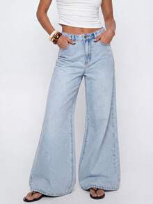 Avantive Quần jeans nữ ống rộng, túi xéo, kiểu dáng thường ngày, chất liệu denim mài, thích hợp mặc hàng ngày. - Rửa trung bình - Xem 4