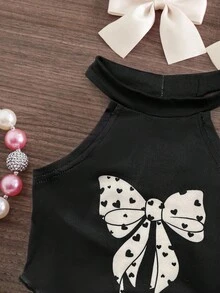 Emery Rose Kids Emery Rose Kids Set 2 Potong Baju Bayi Perempuan Rajut Warna Polos dengan Hiasan Pita dan Celana Panjang Model Flare Motif Hati - Hitam dan Putih - View 7