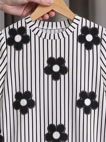 Tween Girls' Casual Summer Striped & Floral Print Ruffle Hem Short Sleeve Dress - Black - View 6