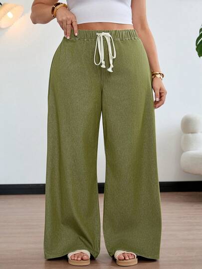 SHEIN CURVE+ 大码女式抽绳腰阔腿宽松休闲牛仔裤