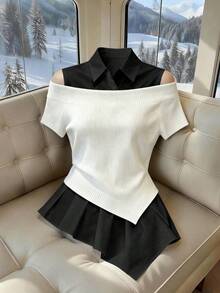 SHEIN Franclia Women's Summer Commuter Golf Contrast Color Off-Shoulder Asymmetric Hem T-Shirt White Basic - White - View 1