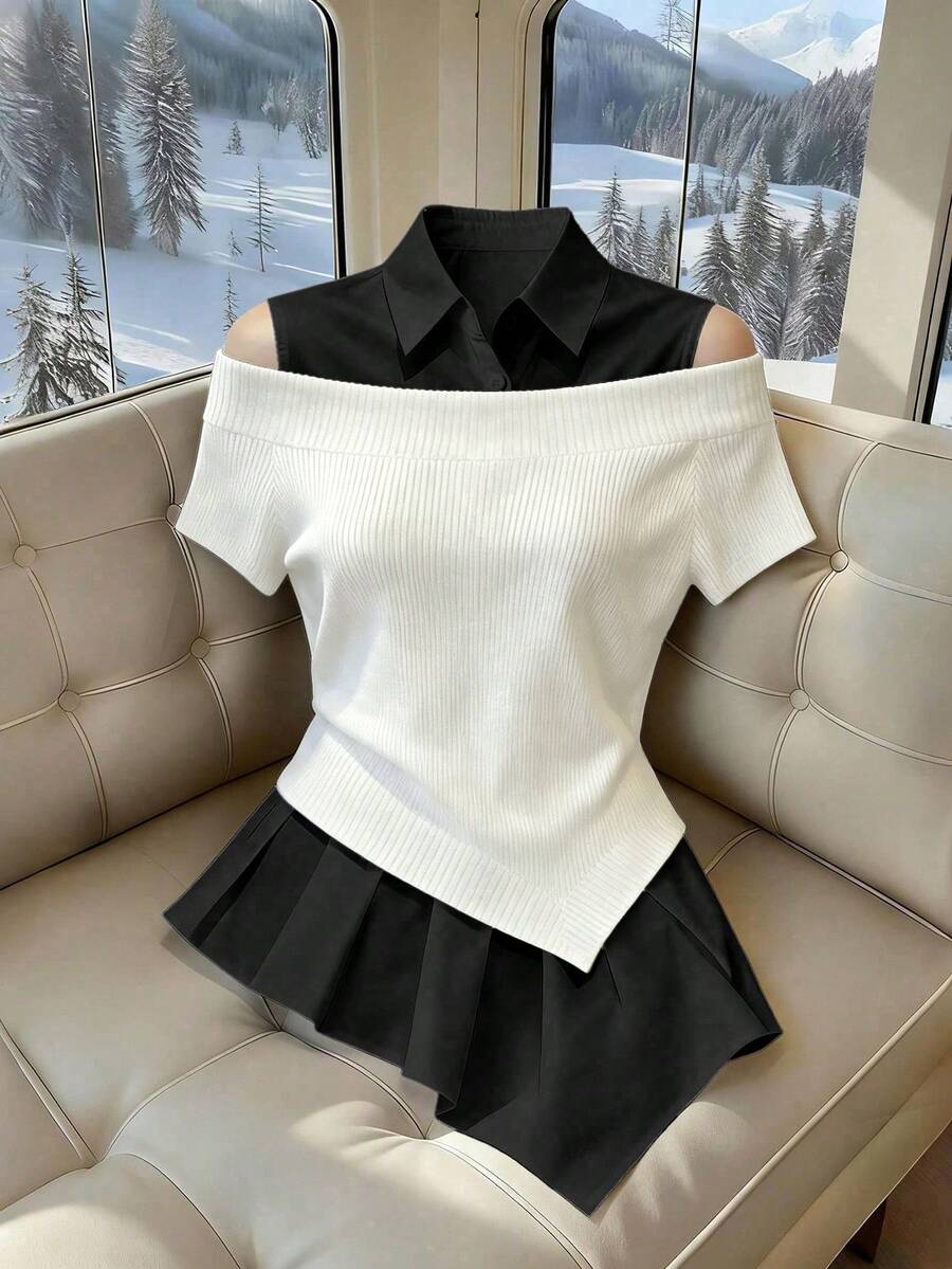SHEIN Franclia Women's Summer Commuter Golf Contrast Color Off-Shoulder Asymmetric Hem T-Shirt White Basic - White - View 1