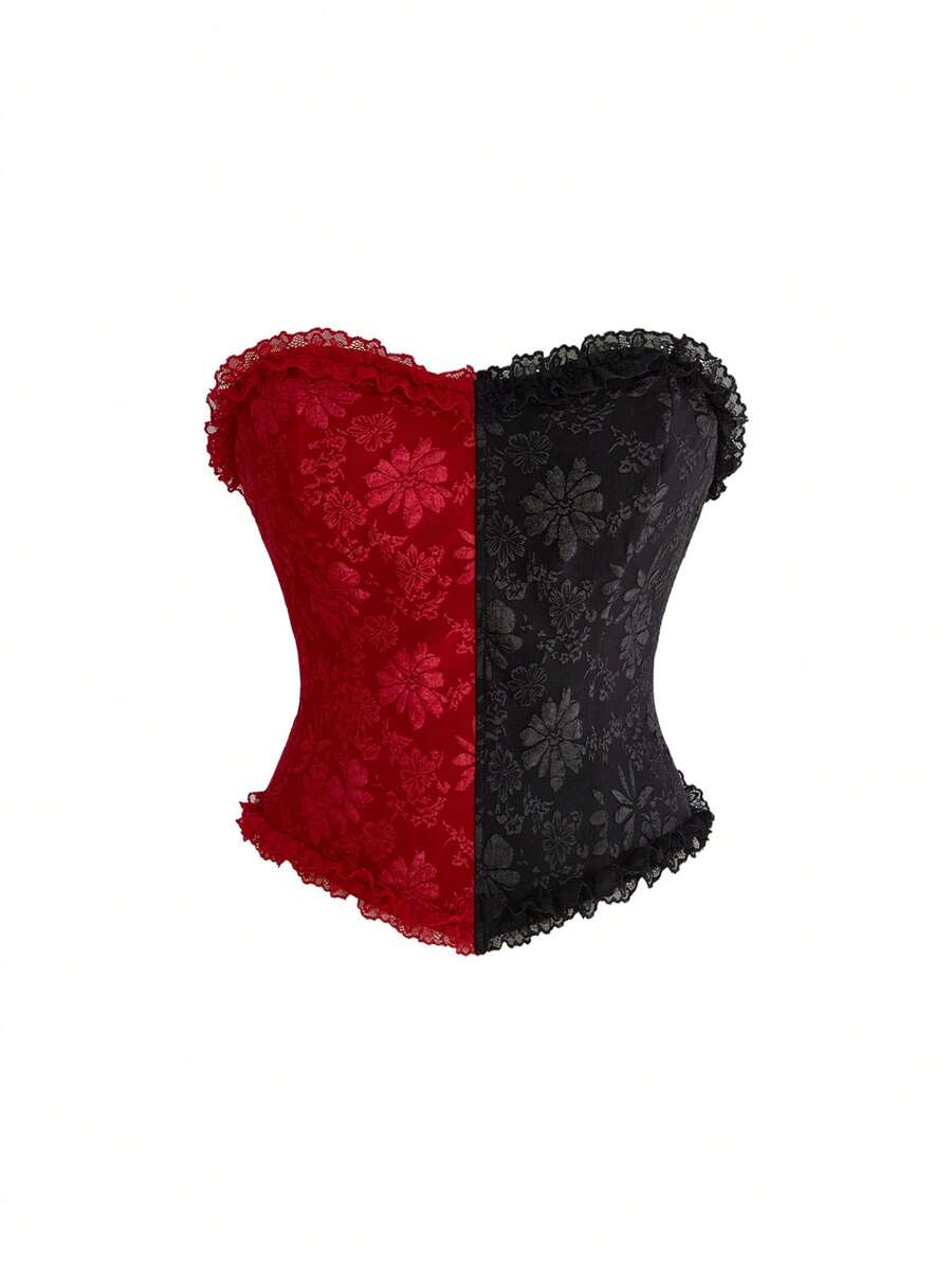 ROMWE Áo croptop kiểu corset màu đỏ và đen họa tiết jacquard phong cách Gothic với tay áo loe ren. - Nhiều màu - Xem 1