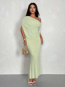 SHEIN PETITE Đầm maxi lưới ôm sát, thanh lịch, màu xanh nhạt trơn, xếp ly, lệch vai, thích hợp cho mùa xuân/hè, kiểu dáng thanh lịch, đầm suông. - màu xanh lá - Xem 6