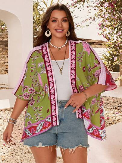 EMERY ROSE Plus Size Women Placement Print Loose Casual Vacation Jacket, Spring/Summer