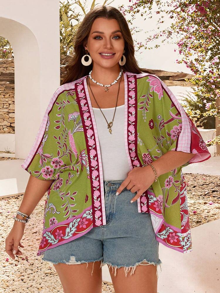 Plus Size Women Placement Print Loose Casual Vacation Jacket, Spring/Summer