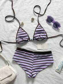 Swim Chiccia Bộ bikini tankini nữ thắt nơ đính cườm, dây rút, họa tiết sọc ngẫu nhiên. - Nhiều màu - Xem 5