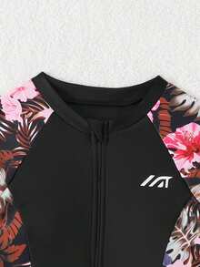 SHEIN Tween Girl One-Piece Swimsuit,Pink Floral Long Sleeve Zip-Up Dress-Style Swimwear,Modest Rashguard Uv Protection Bathing Suit,Summer Beach Vacation - Black - View 4