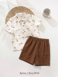 Cozy Pixies Young Girl Coconut Tree Pattern Polo Collar Short Sleeve Cardigan And Elastic Waist Shorts 2 Pieces Set - Khaki - View 8