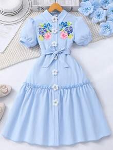 SHEIN Girls Floral Print Collared Open Front Puff Sleeve Dress With Belt Summer Holiday - Blue - View 2