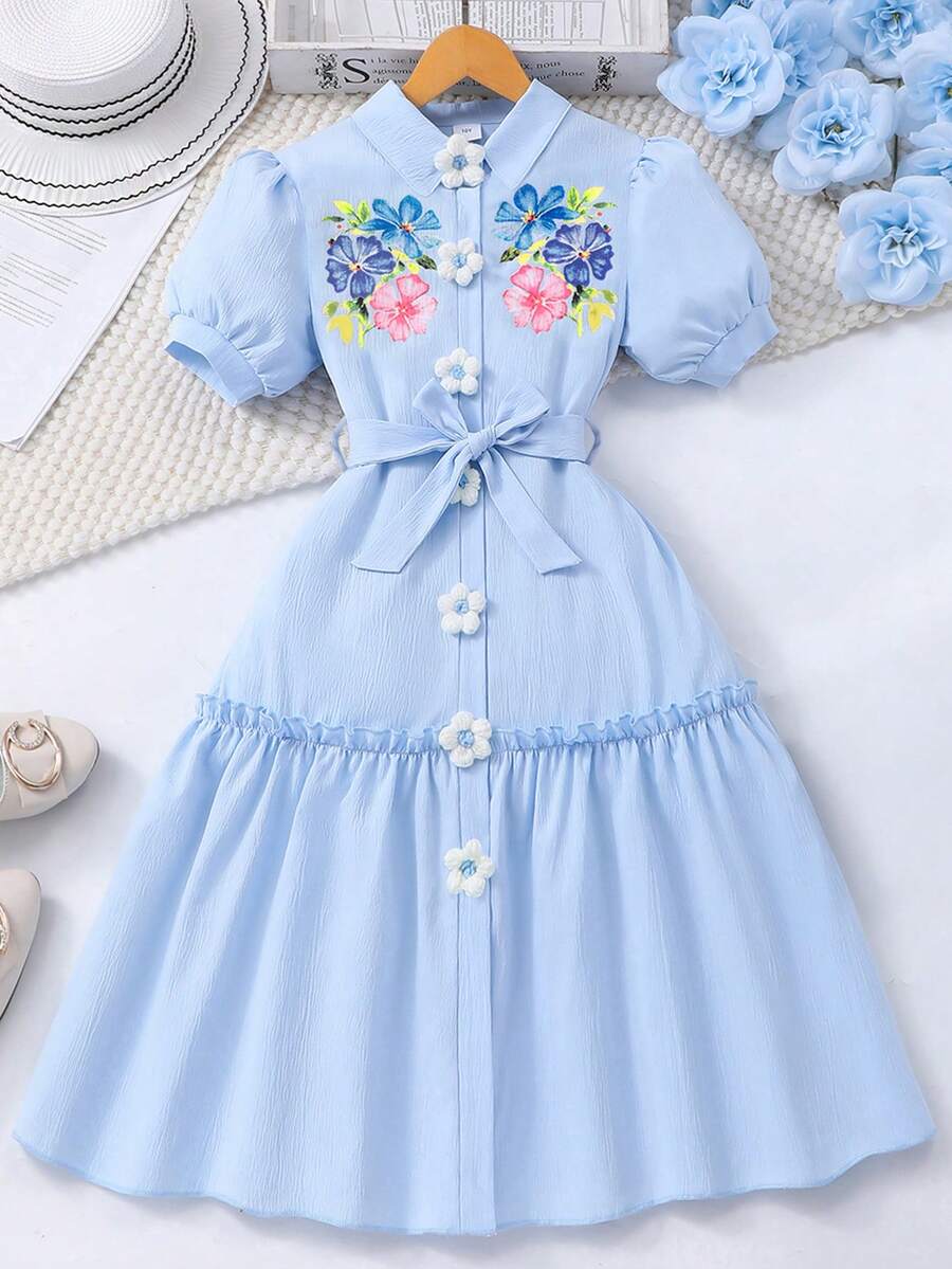 SHEIN Girls Floral Print Collared Open Front Puff Sleeve Dress With Belt Summer Holiday