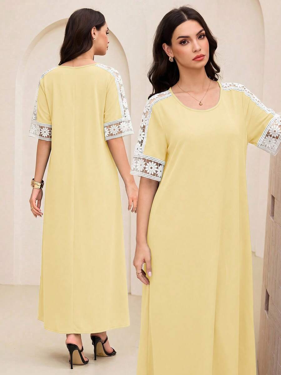 SHEIN Lacomfia Lace Patchwork Hollow Out Dress - Yellow - View 1