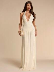SHEIN BAE Đầm chữ A màu mơ, cổ yếm, cổ chữ V sâu, xếp ly, thanh lịch, thích hợp cho kỳ nghỉ, đi biển, làm phù dâu, dự tiệc trang trọng. - Màu be - Xem 1